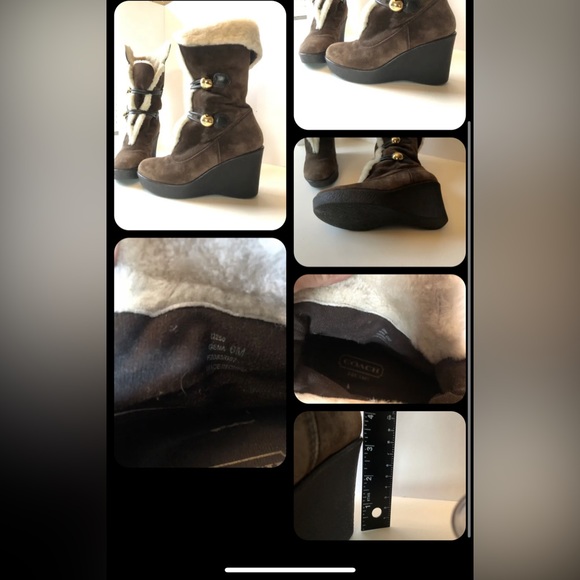 COACH Wedge Mid Calf Booties Brown Suede Leather Fleece Winter 6M. - Picture 2 of 2